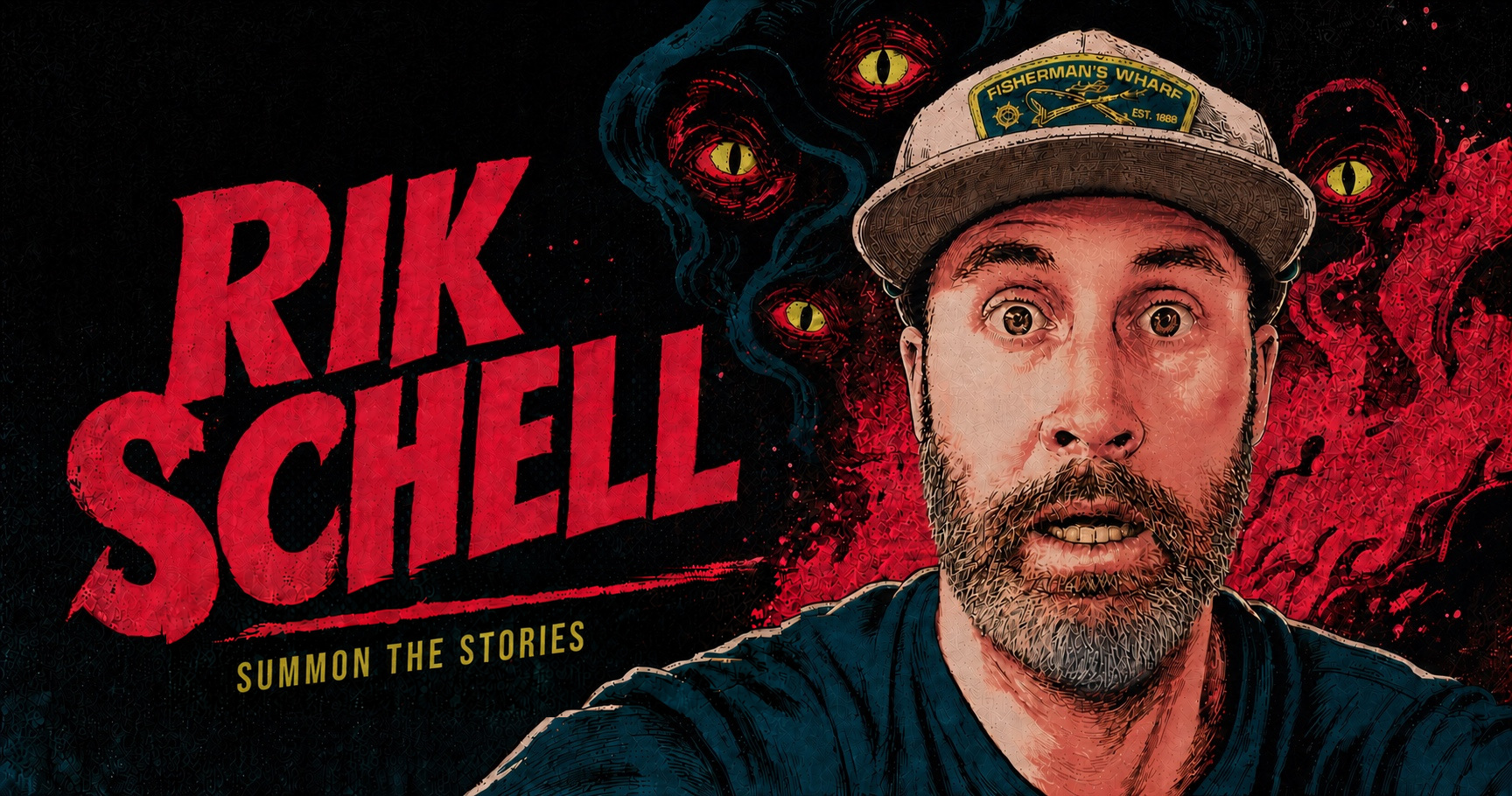 A stylized horror-comic portrait of Rik Schell looking mildly frightened, surrounded by four eyes